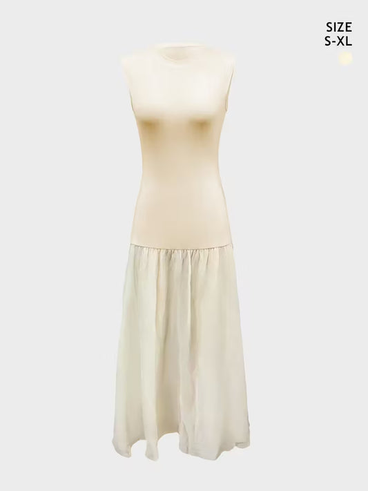 Women's French-Inspired Elegant Sleeveless Dress - Slim Fit Top & Flowy Maxi Skirt, Solid Color Round Neck Long Dress, Machine Washable All-Season Casual to Formal Wear, Everyday Stylish Outfit, Sophisticated Fashion