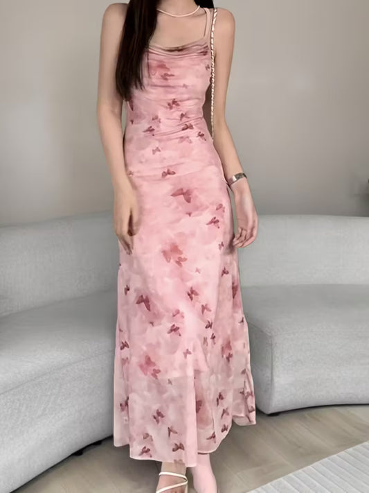 Women's Elegant Off-the-Shoulder/One-Shoulder Formal & party dress - Flowy Pastel pink to red Gradient, Machine Washable - for Weddings, Galas, Proms - Year-Round Evening Gown, Wedding Guest Outfit, Lightweight Fabric, Fitted Bodice, Bridal Party Wear