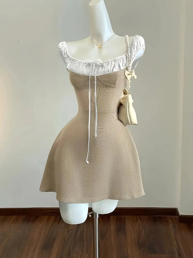 Off-Shoulder Mini Dress with Black Trim | Elegant Cinched Waist, Lace-Up Detail, Ruffled Hem, Perfect for Summer Vacation