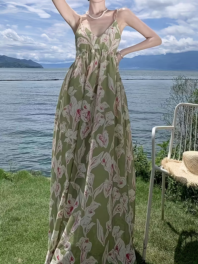 Women's Floral Print Backless Maxi Dress - Lightweight Breathable Fabric, Spaghetti Strap V-Neck High-Waisted Sundress with Adjustable Tie-Back for Beach Vacations, Summer Outings & Casual Resort Wear