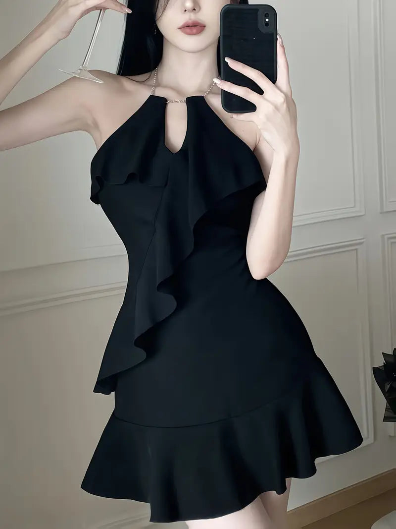 Sexy Black Ruffle Halter Neck Sleeveless Dress - Asymmetrical A-Line Cut with Backless Design, Lightweight Summer Beach Dress for Women, Perfect for Casual or Stylish Outfits, Beach Dresses, Summer Fashion, Backless Fashion, Elegant Appearance