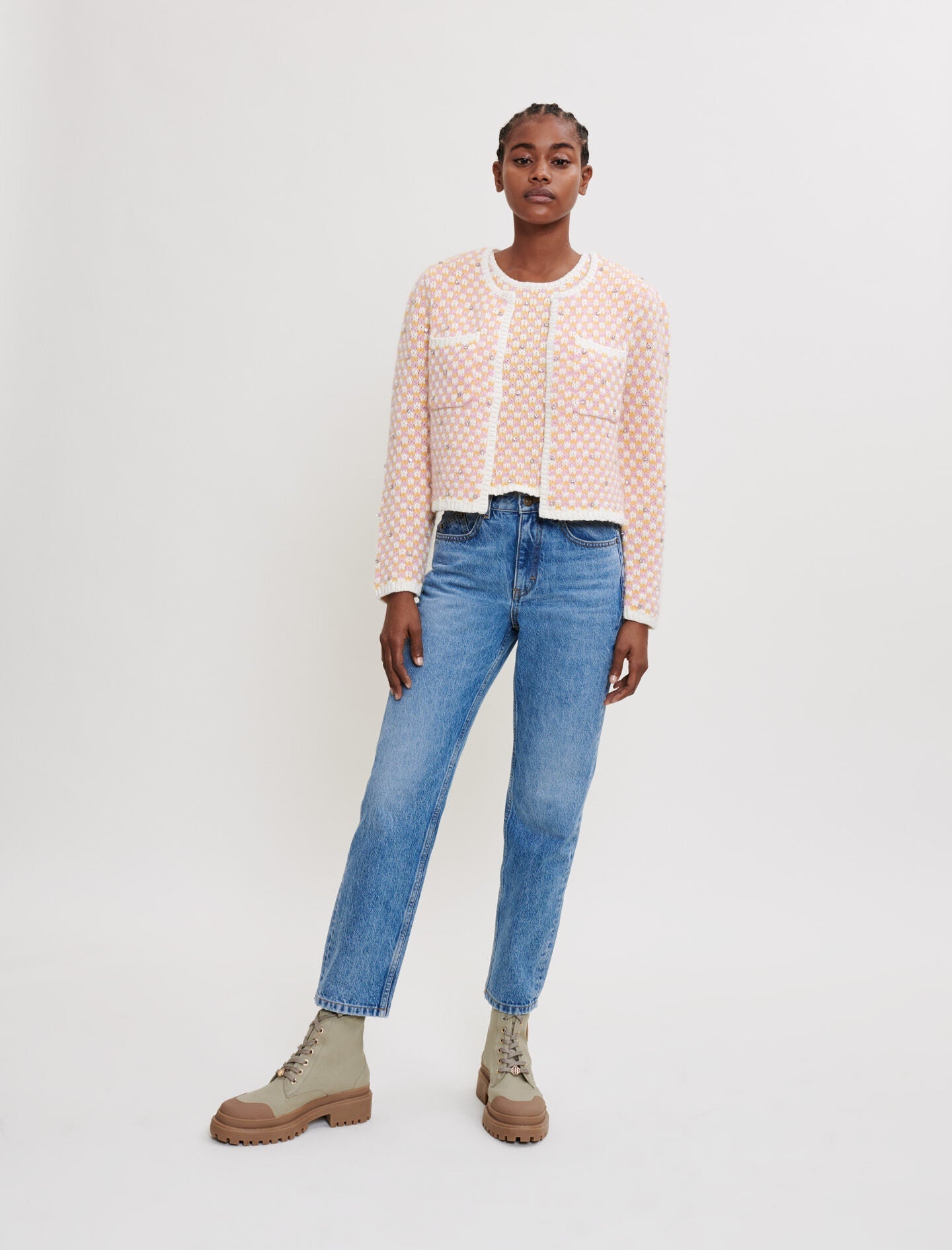 DECORATIVE KNIT AND RHINESTONE CARDIGAN