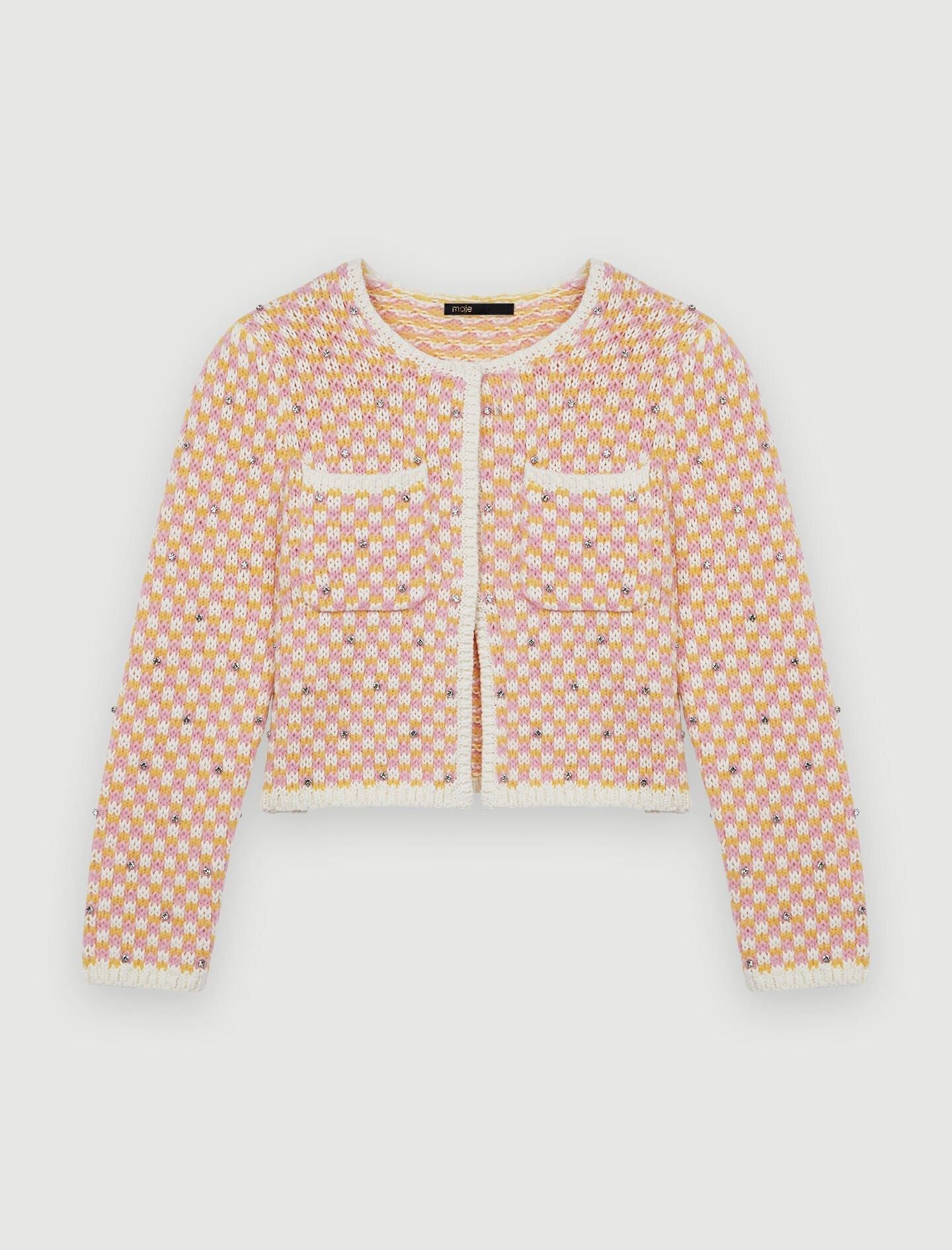 DECORATIVE KNIT AND RHINESTONE CARDIGAN