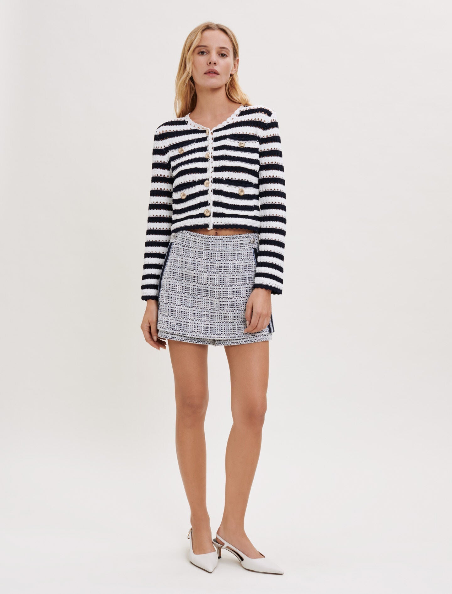 STRIPED CROCHET-EFFECT CARDIGAN
