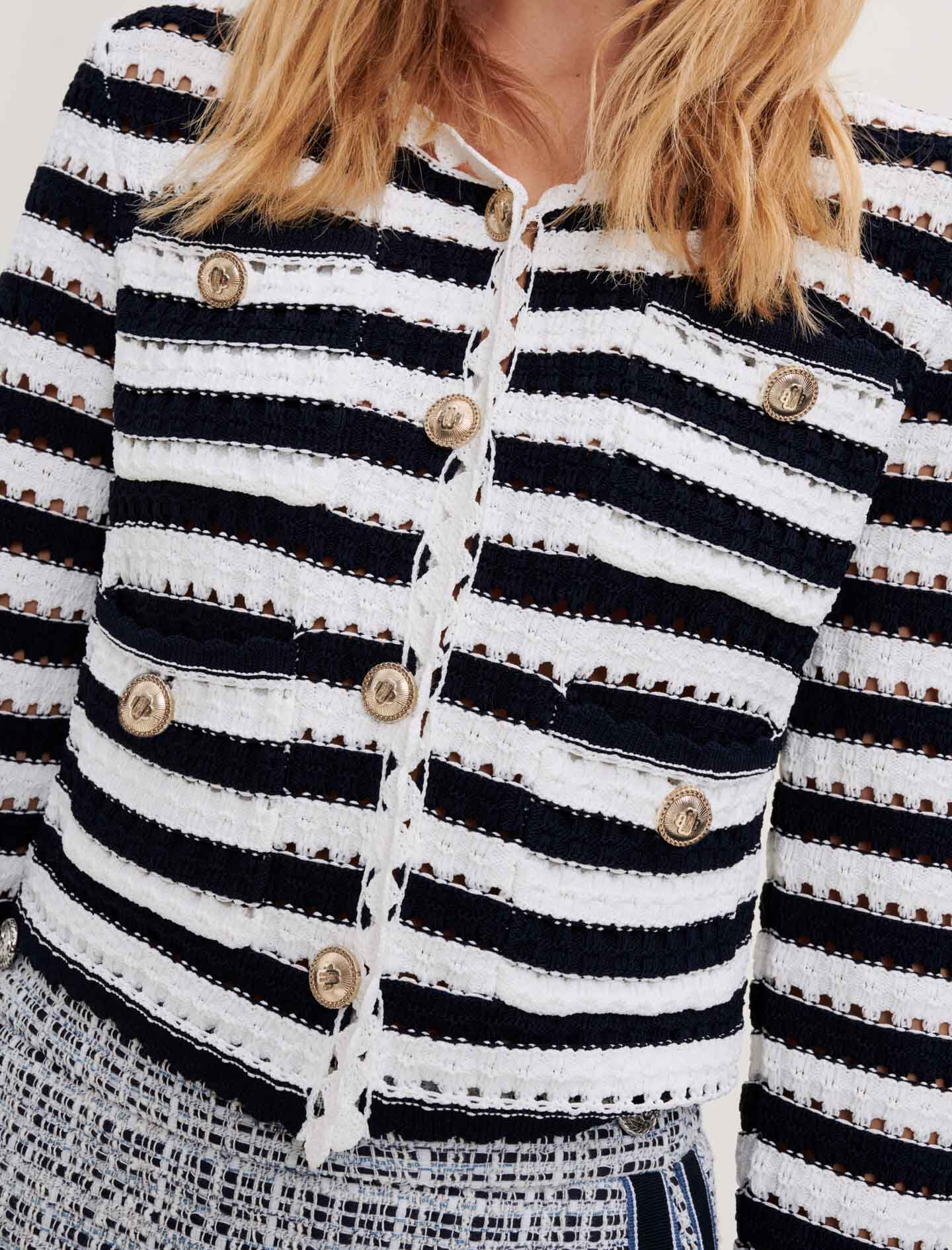 STRIPED CROCHET-EFFECT CARDIGAN