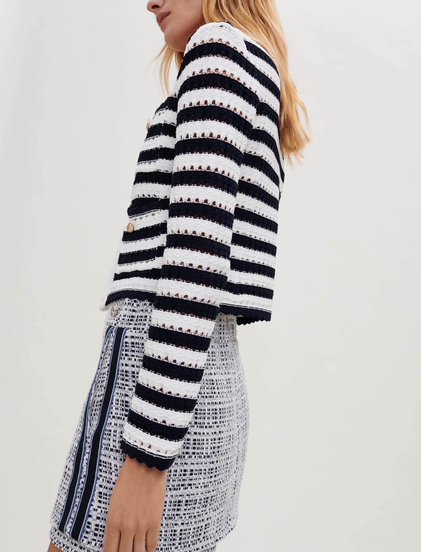STRIPED CROCHET-EFFECT CARDIGAN