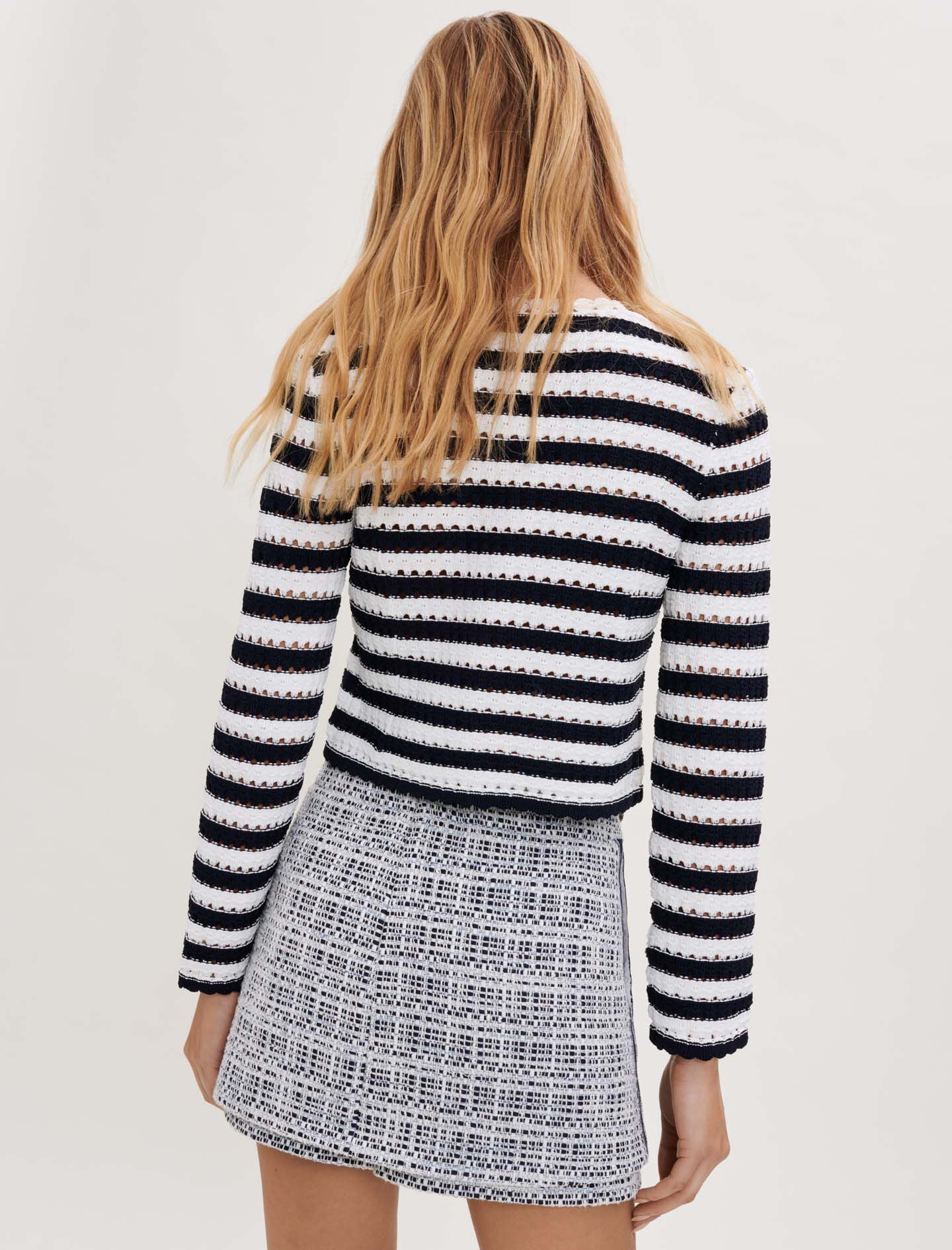 STRIPED CROCHET-EFFECT CARDIGAN