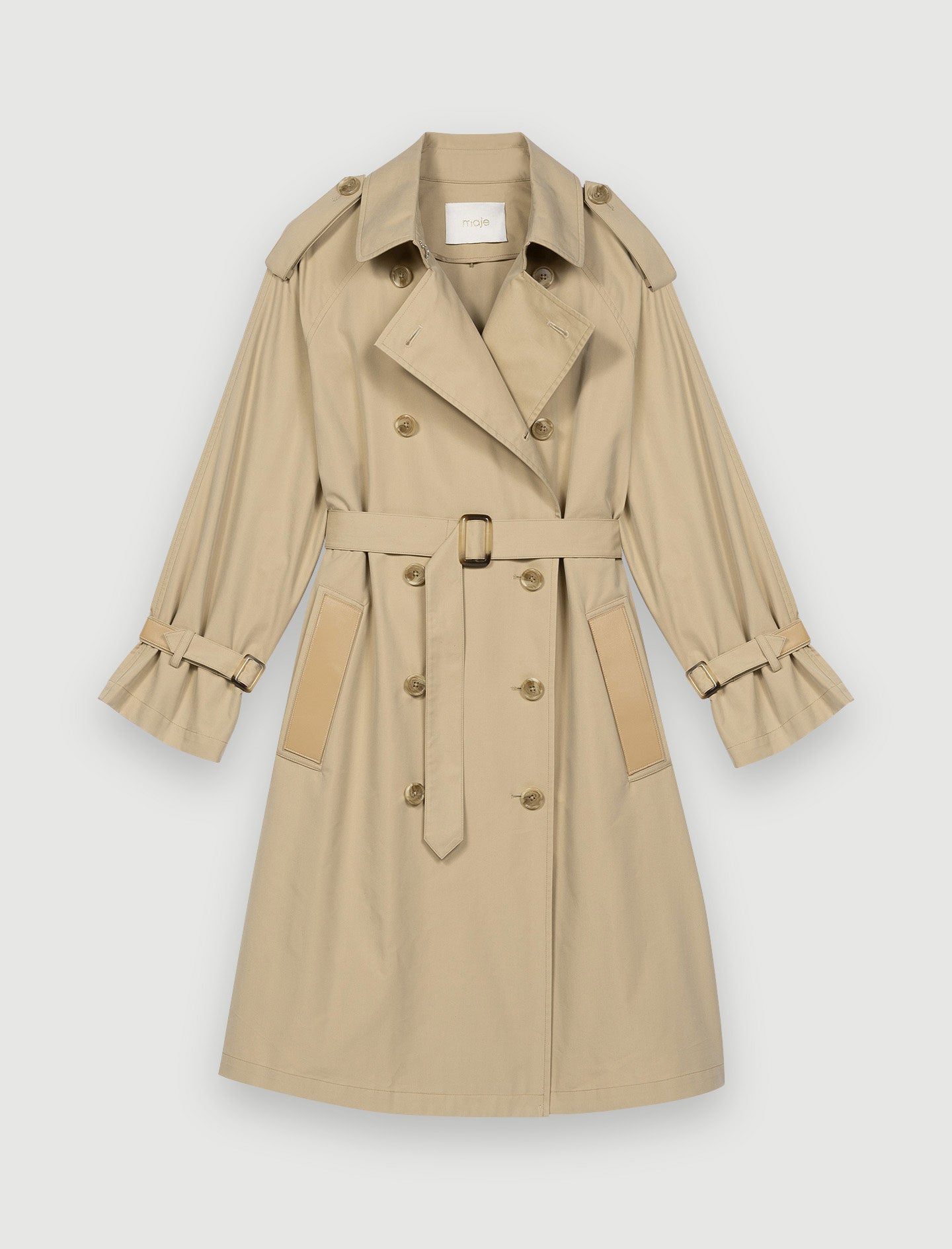 BELTED TRENCH COAT WITH LEATHER PATCHES