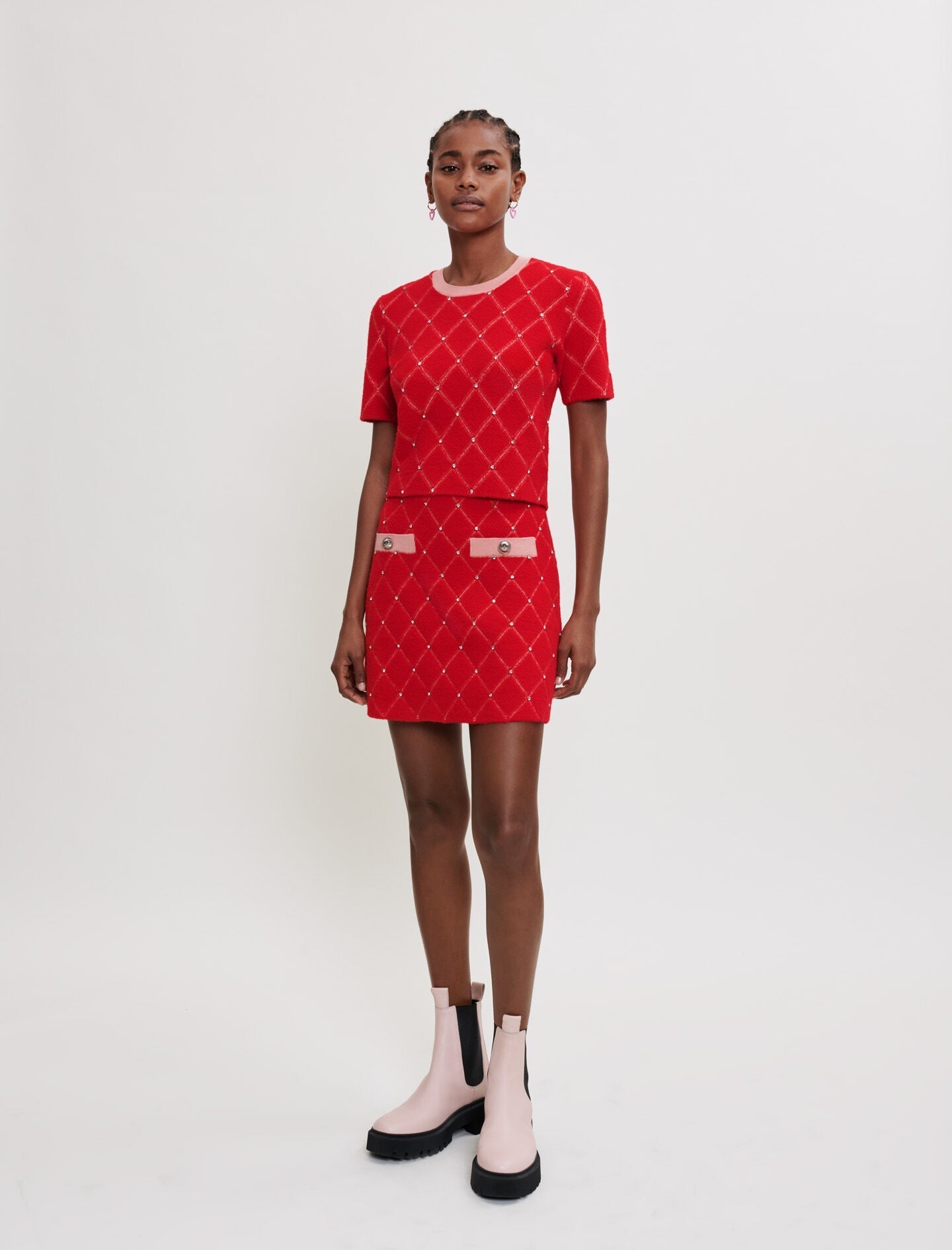 DIAMOND PATTERN RHINESTONE KNIT SWEATER