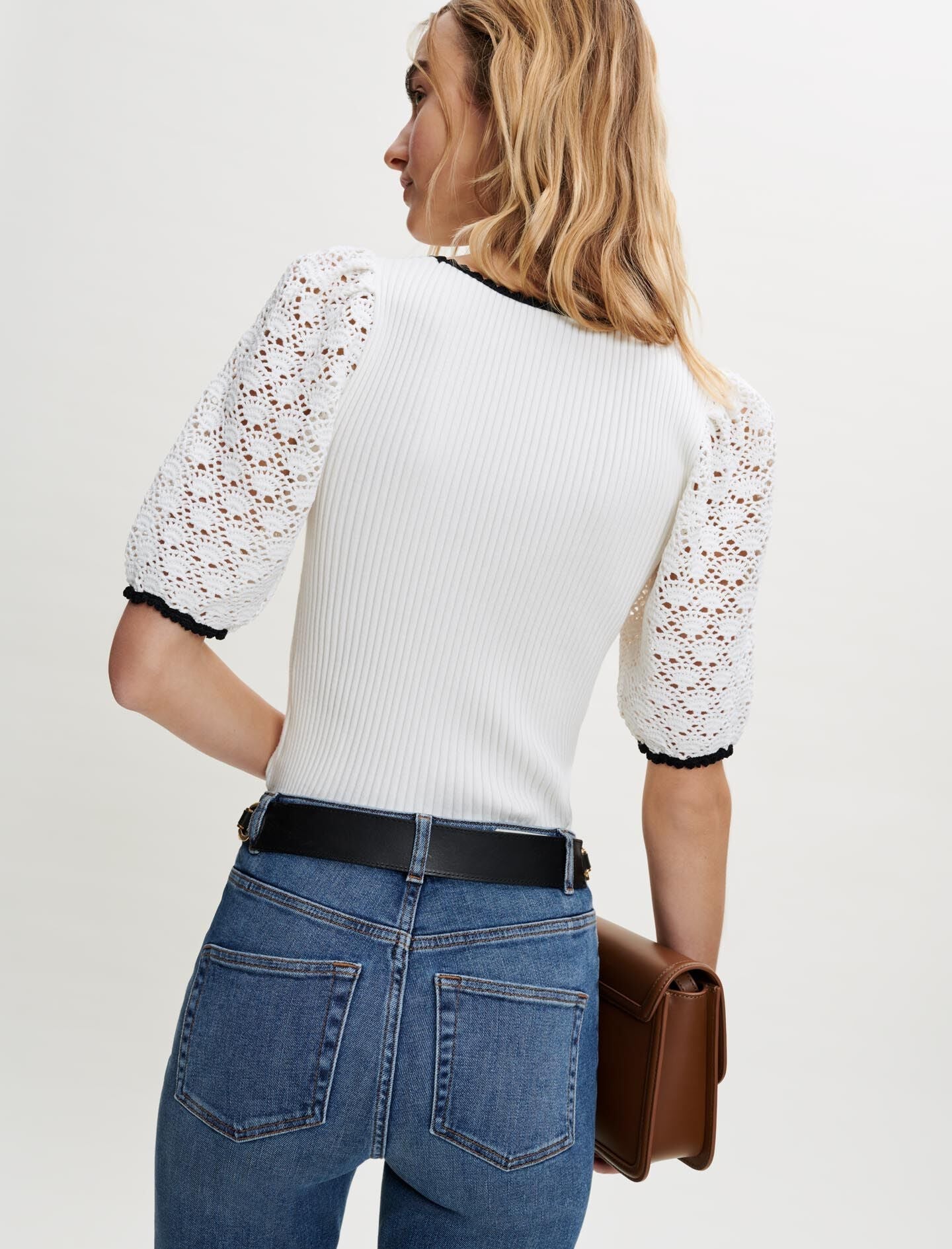 CONTRASTING CROCHET AND KNIT PULLOVER