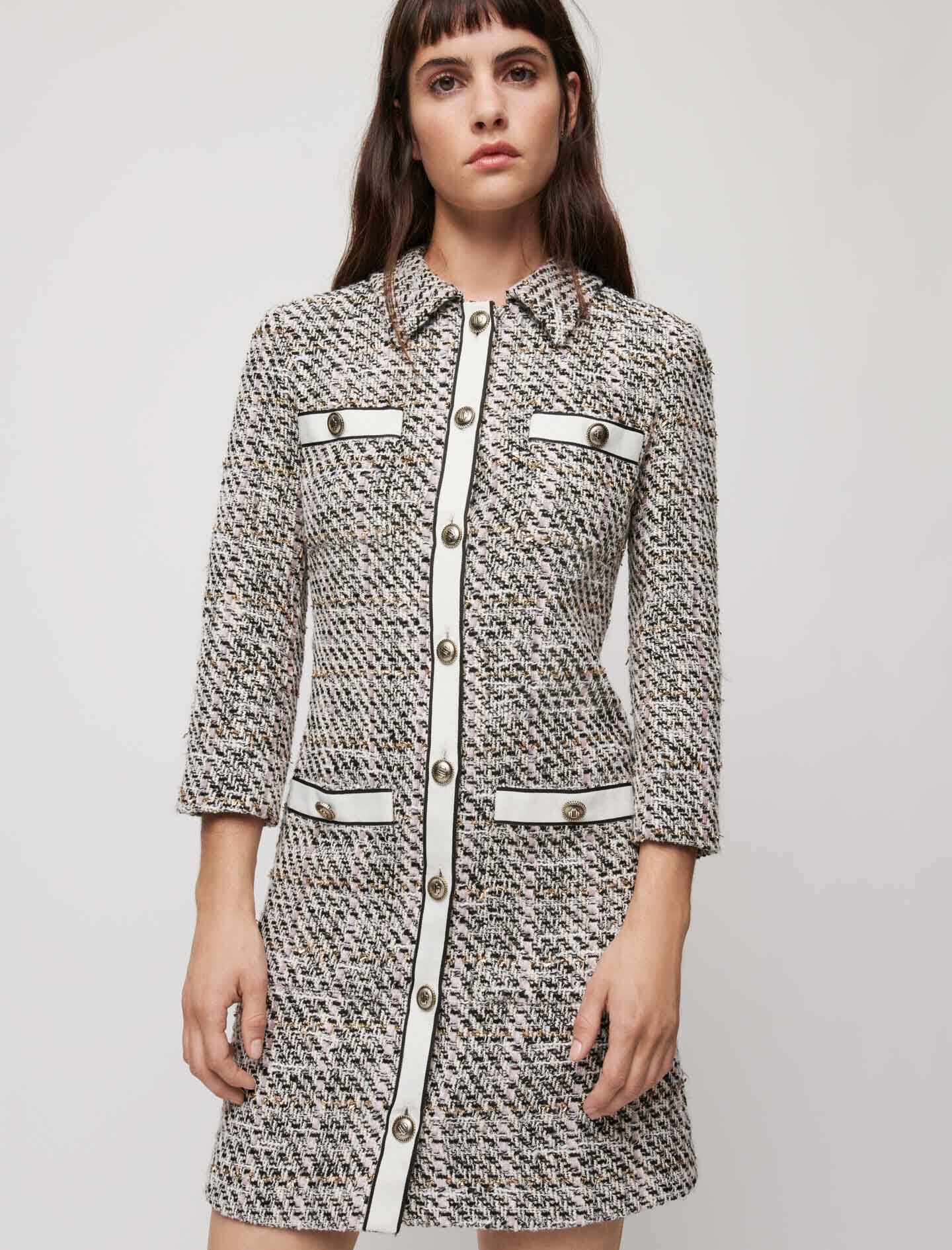TWEED-STYLE DRESS WITH CONTRASTING BANDS
