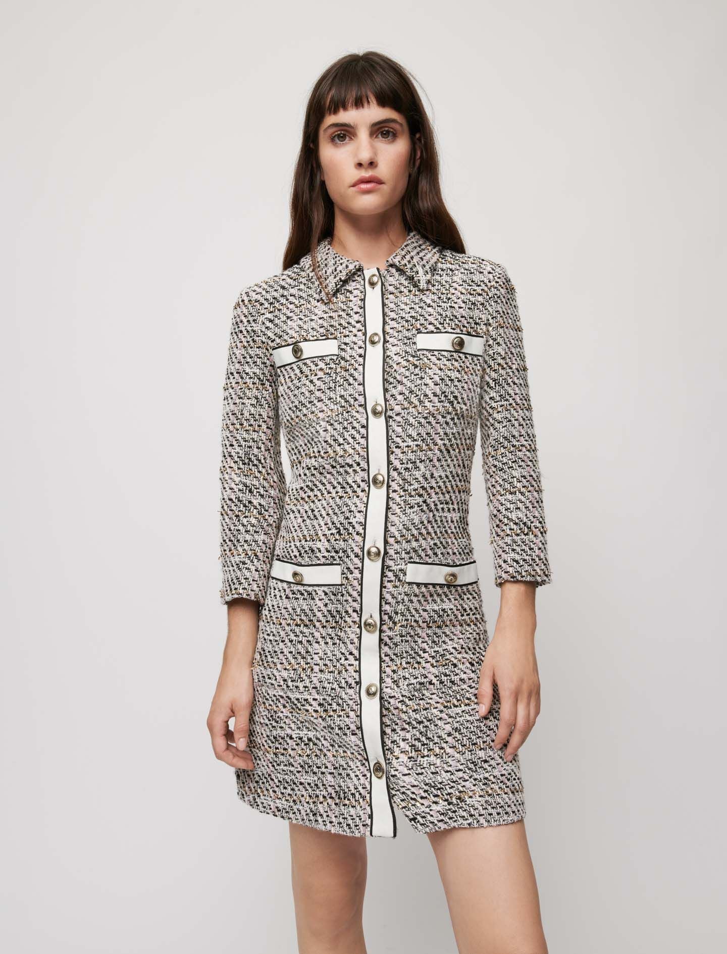 TWEED-STYLE DRESS WITH CONTRASTING BANDS