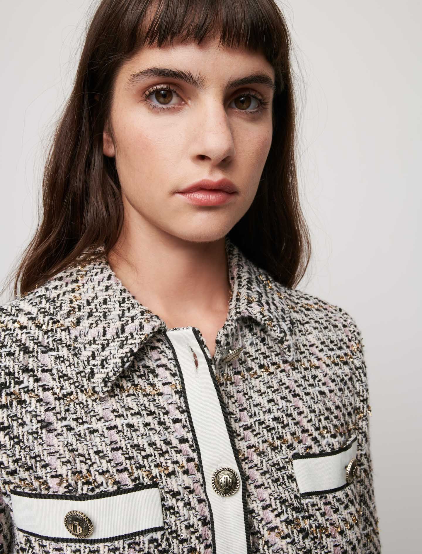 TWEED-STYLE DRESS WITH CONTRASTING BANDS