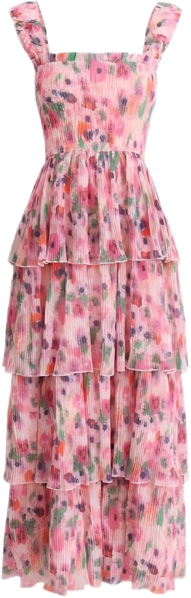 Women's Bohemian Summer Floral Print Ruffle Halter Neck Dress Beach Vacation Cute Pink Dress