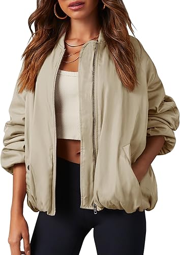 Womens Zip Up Bomber Jacket Oversized Fashion Casual Fully Lined Winter Coats With Pockets