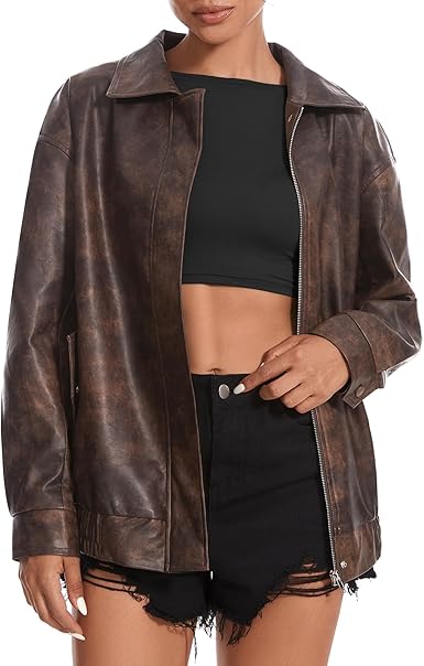 Women's Faux Leather Jackets Long Sleeve Zipper Oversized Motorcycle Biker Coat Trendy Travel Casual Outfits