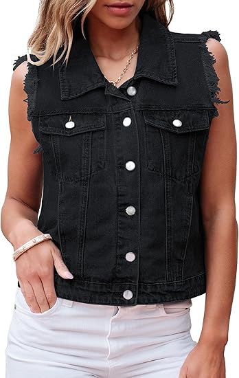 Women's denim vest button down distressed distressed vest top western casual sleeveless denim jacket with pockets