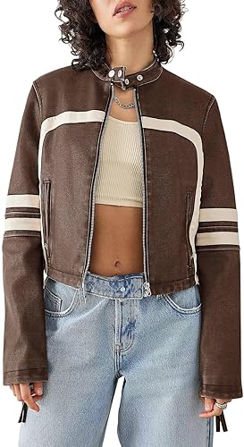 Women’s Faux Leather Jackets Zip Up Stand Collar Cropped Motocross PU Coats