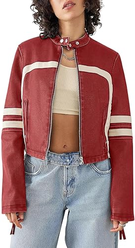 Women’s Faux Leather Jackets Zip Up Stand Collar Cropped Motocross PU Coats