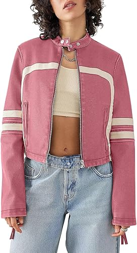 Women’s Faux Leather Jackets Zip Up Stand Collar Cropped Motocross PU Coats