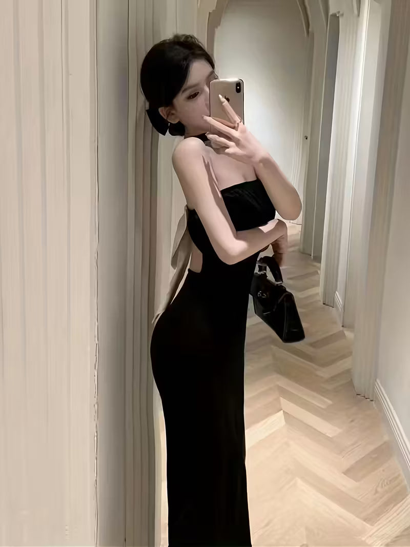 [Black Bodycon Dress] Sleeveless Backless Elegant Black Bodycon Dress | Halter Neck with Bow Detail, Split Thigh Midi for Women, Perfect for Spring/Summer, Tight Fitted