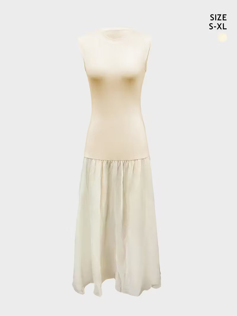 Women's French-Inspired Elegant Sleeveless Dress - Slim Fit Top & Flowy Maxi Skirt, Solid Color Round Neck Long Dress, Machine Washable All-Season Casual to Formal Wear, Everyday Stylish Outfit, Sophisticated Fashion