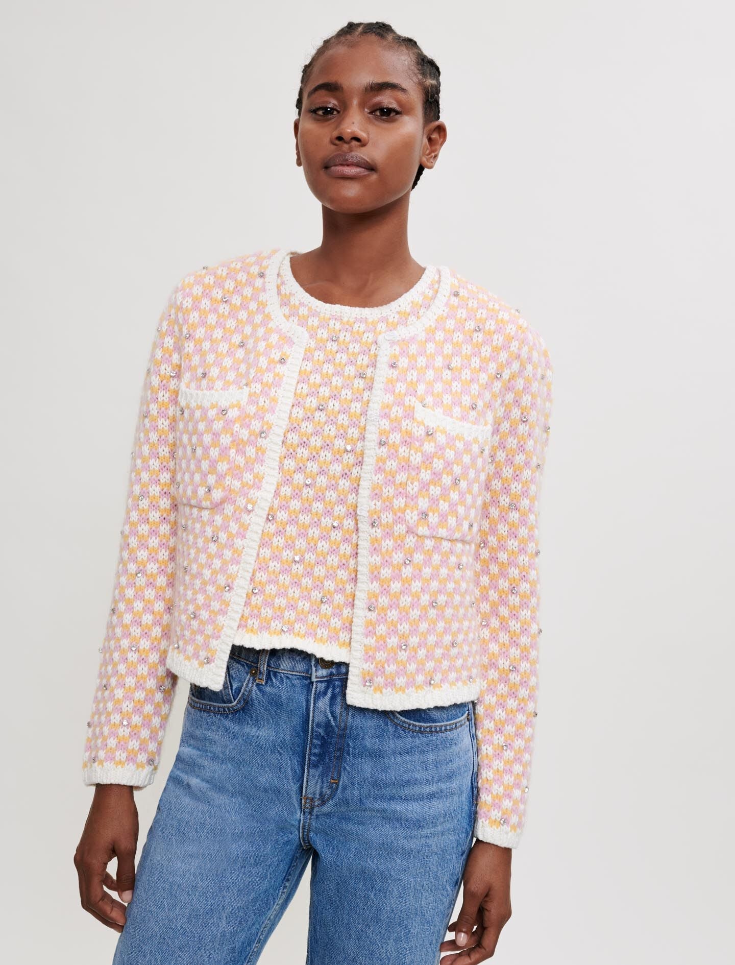 DECORATIVE KNIT AND RHINESTONE CARDIGAN