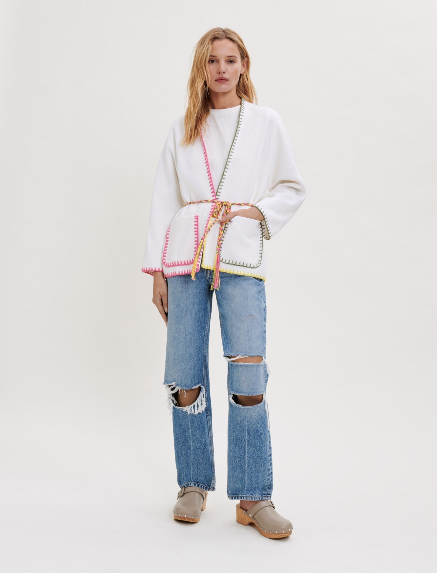 BELTED CARDIGAN WITH CROCHET DETAILING
