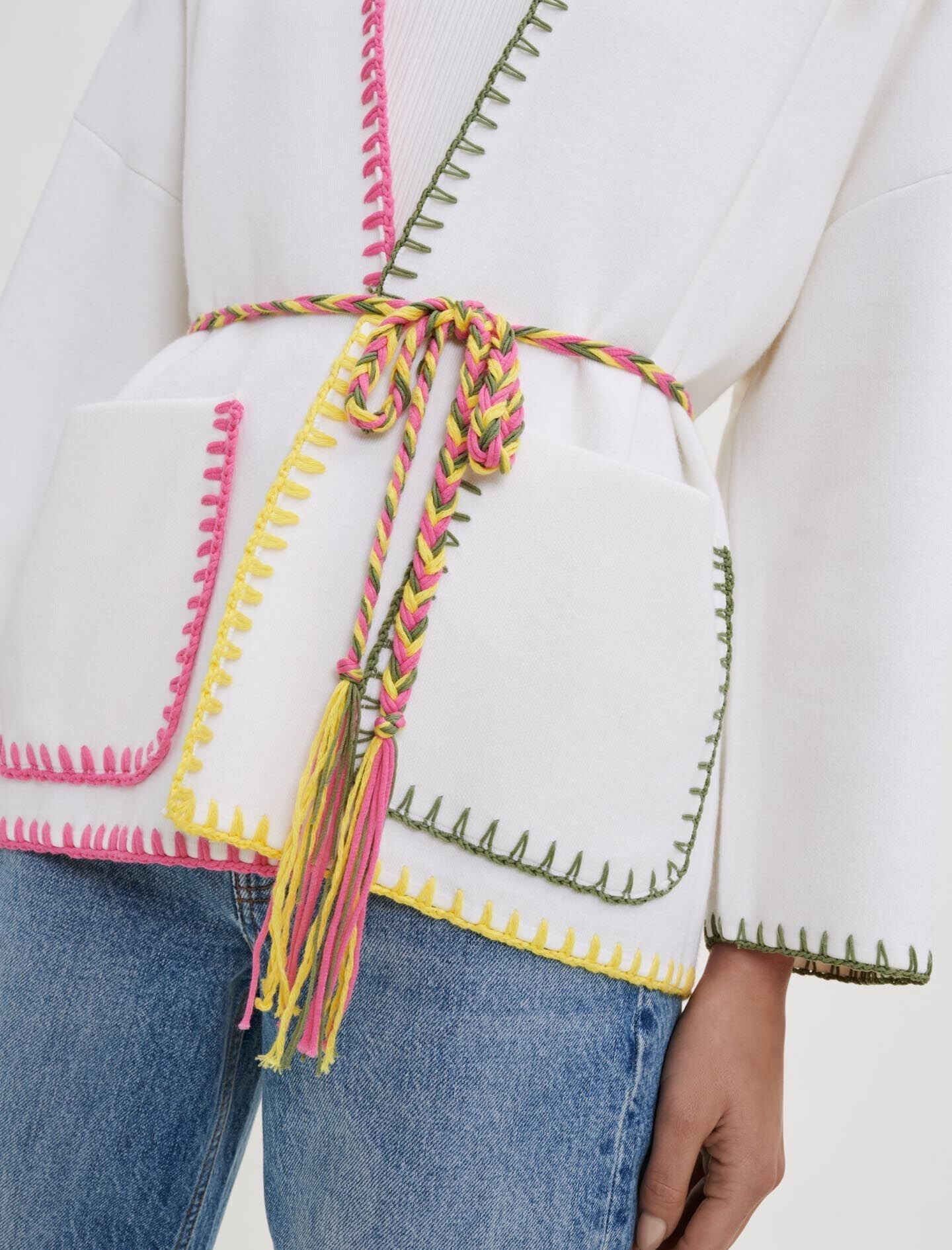 BELTED CARDIGAN WITH CROCHET DETAILING