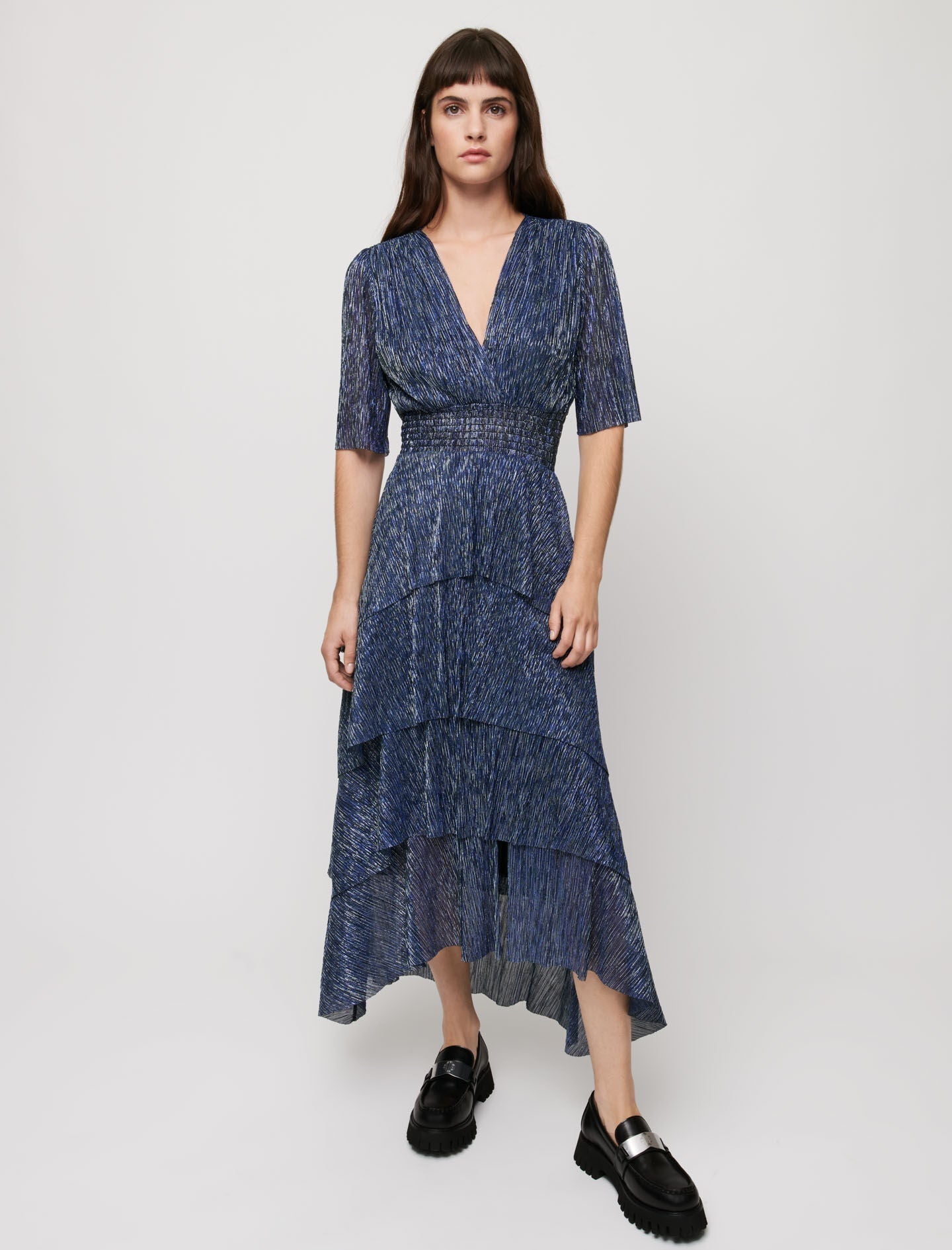STRETCH LUREX FABRIC DRESS WITH RUFFLES