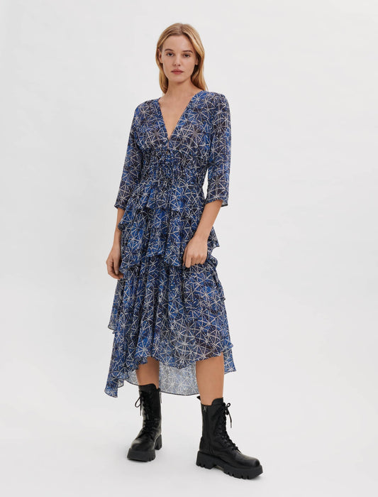 RUFFLED PRINTED VISCOSE DRESS