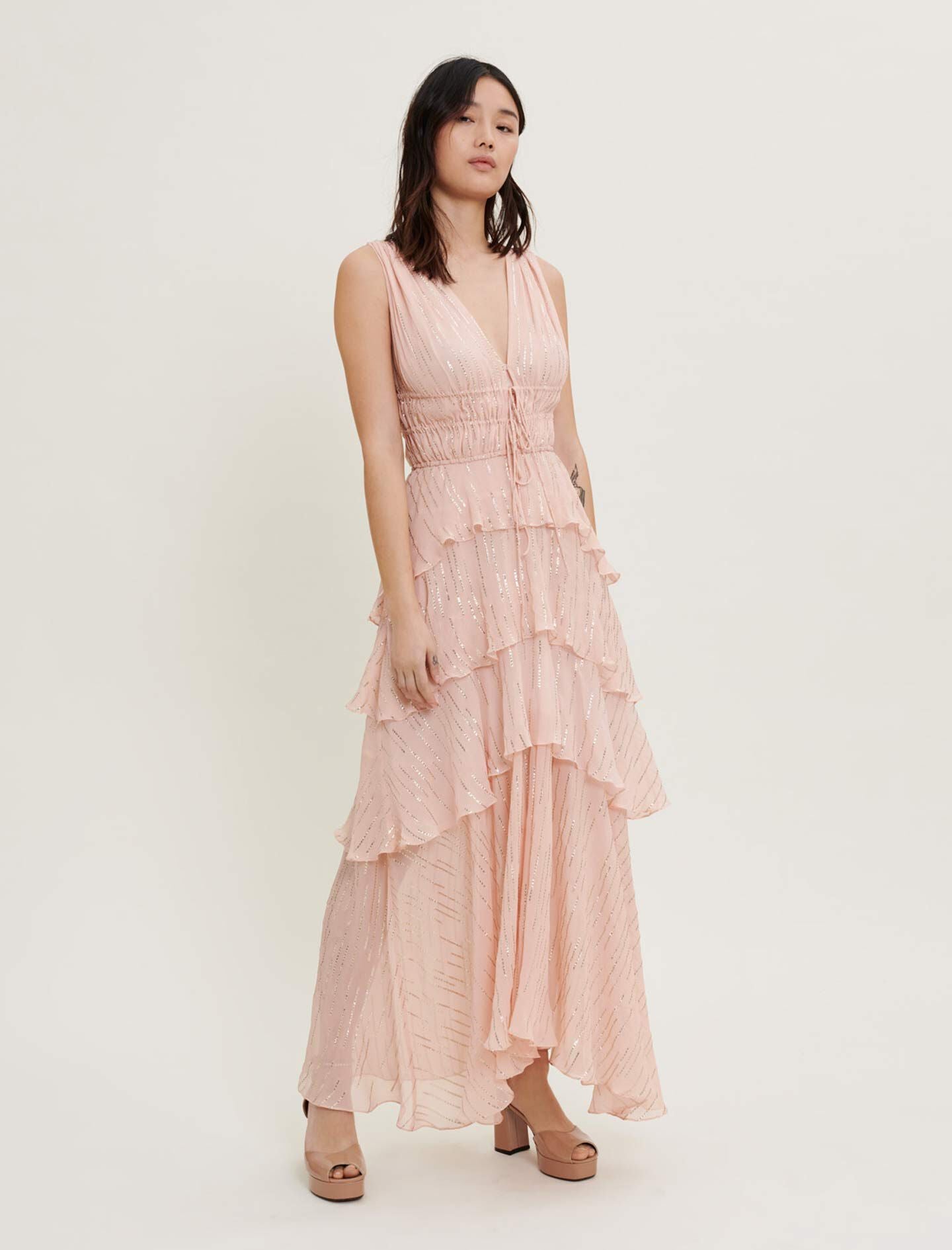 SILK AND LAMÉ RUFFLE DRESS