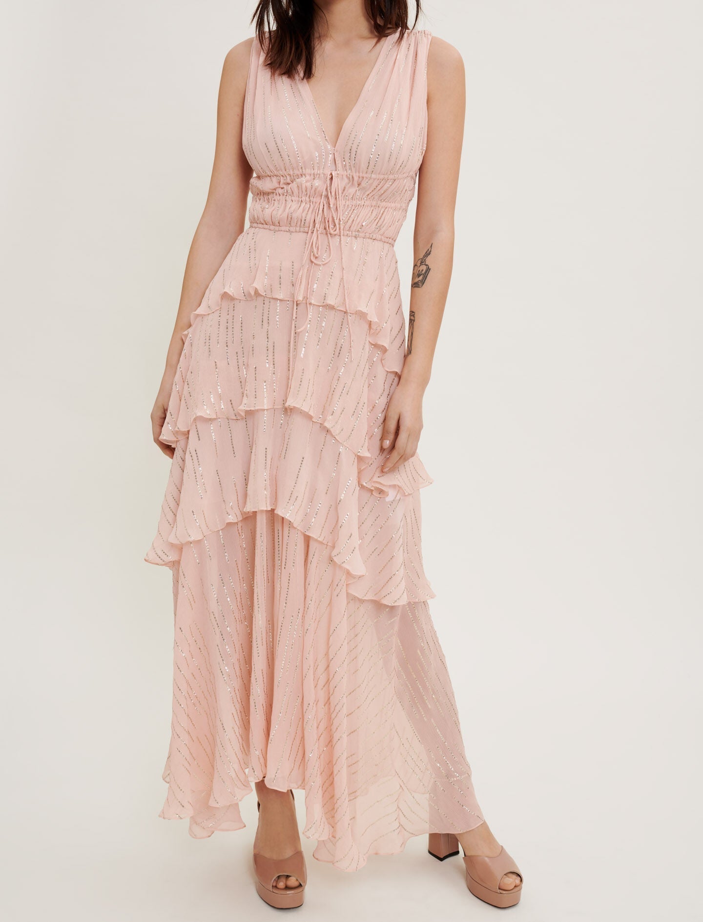 SILK AND LAMÉ RUFFLE DRESS