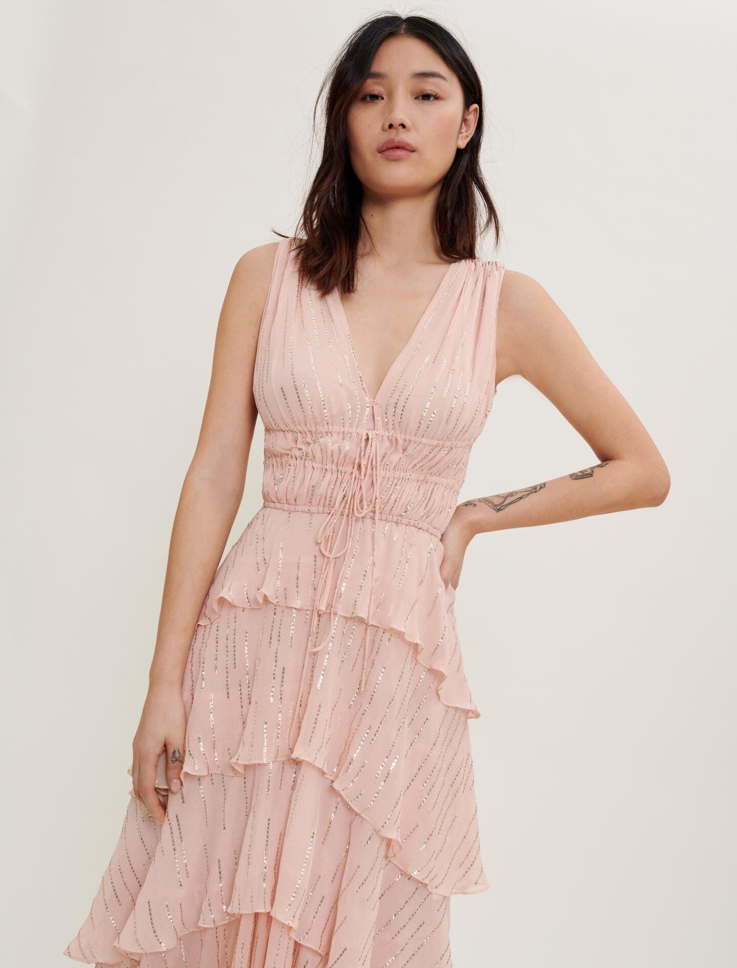 SILK AND LAMÉ RUFFLE DRESS