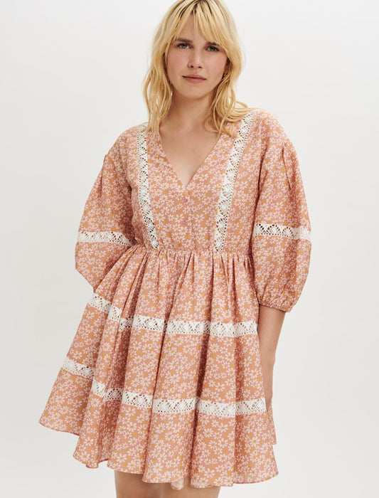 PRINTED DRESS WITH LACE TRIM